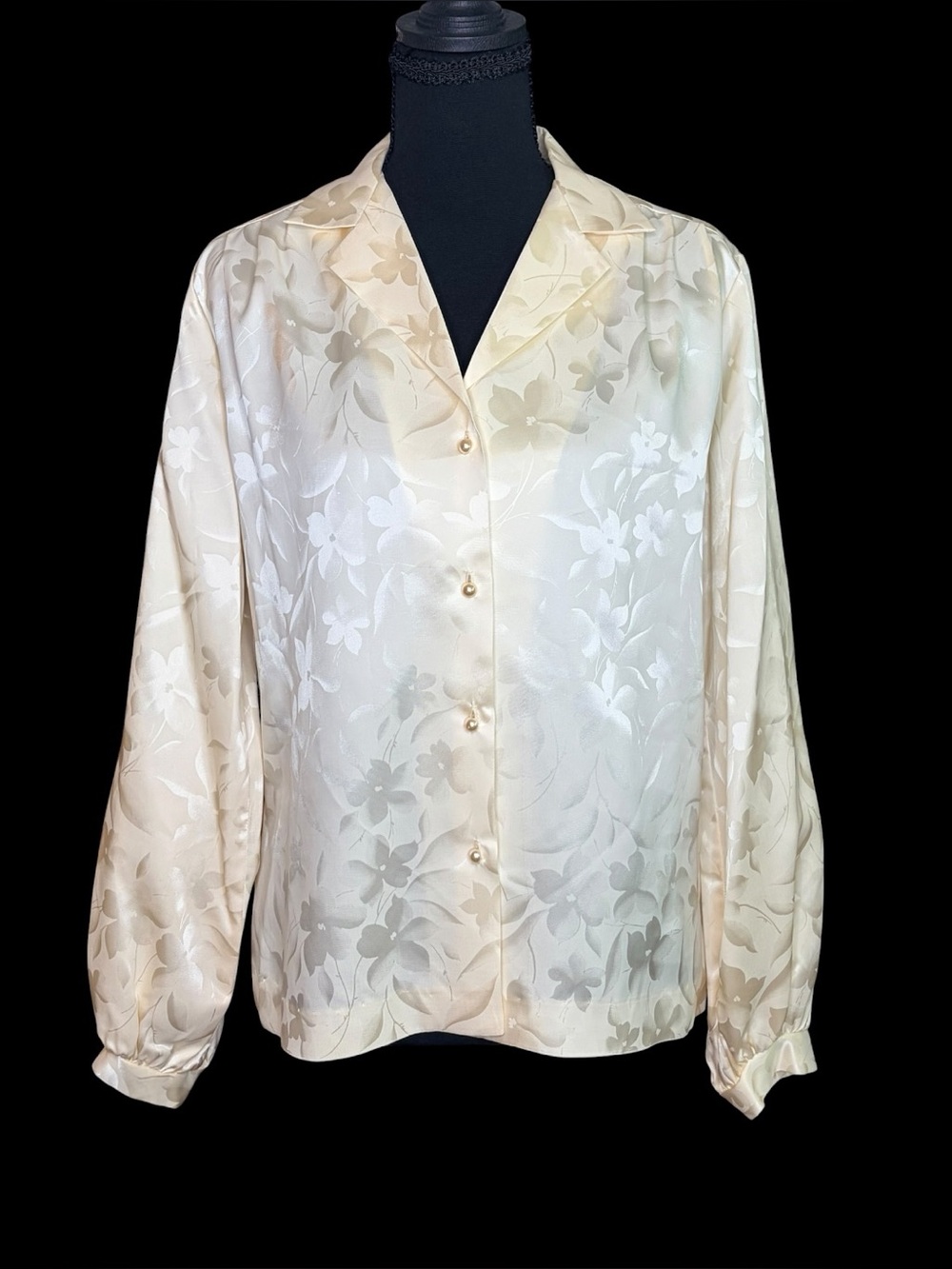 Salem 70s Vtg Cream Ivory Acetate Satin Floral Jacquard Blouse Sz 13/14